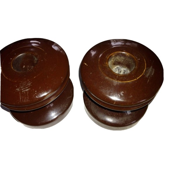 Vintage 2 brown Porcelain insulators with markings PP on bottom 3" x 3" - Picture 2 of 5